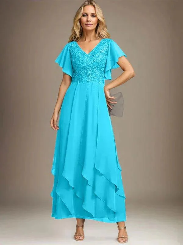 A-line V-Neck Ankle-Length Lace Chiffon Mother of the Bride Dress With Cascading Ruffles - Image 61