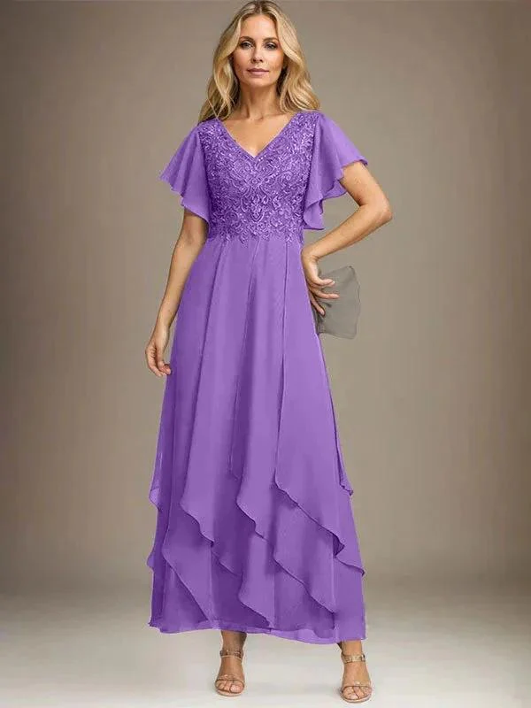 A-line V-Neck Ankle-Length Lace Chiffon Mother of the Bride Dress With Cascading Ruffles - Image 62