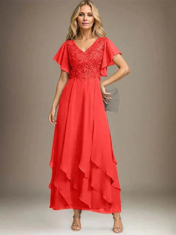 A-line V-Neck Ankle-Length Lace Chiffon Mother of the Bride Dress With Cascading Ruffles - Image 63