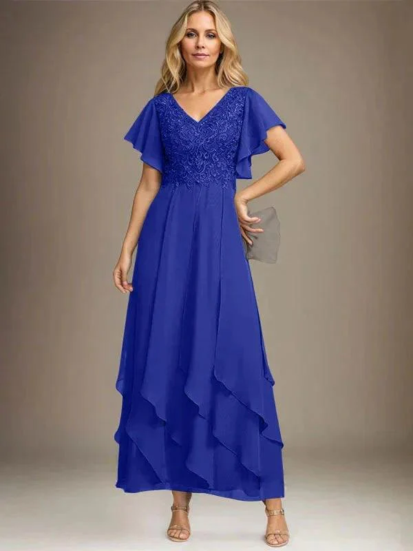 A-line V-Neck Ankle-Length Lace Chiffon Mother of the Bride Dress With Cascading Ruffles - Image 64