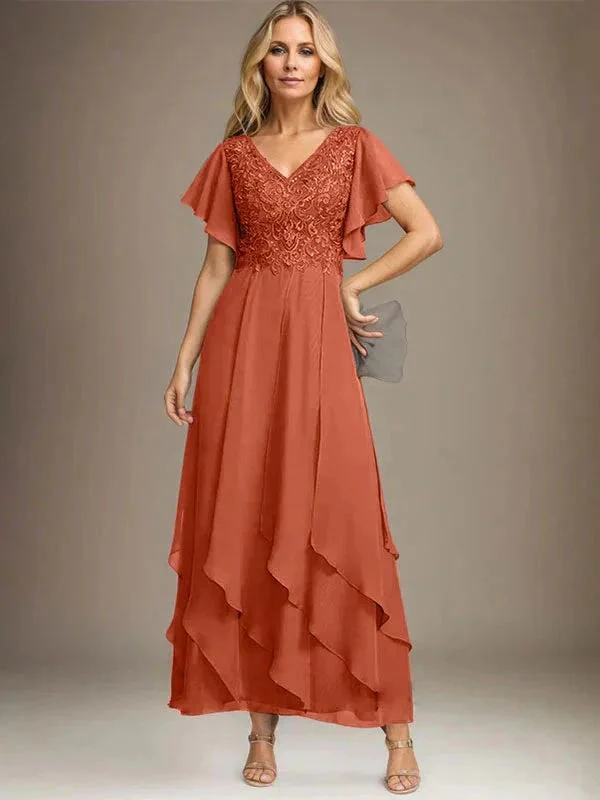 A-line V-Neck Ankle-Length Lace Chiffon Mother of the Bride Dress With Cascading Ruffles - Image 65
