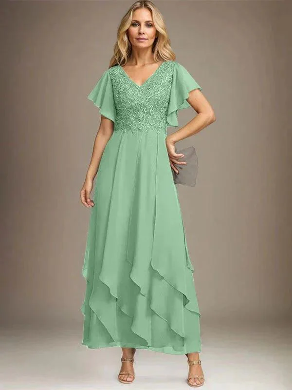 A-line V-Neck Ankle-Length Lace Chiffon Mother of the Bride Dress With Cascading Ruffles - Image 66