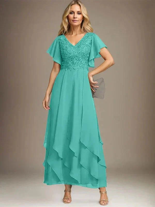 A-line V-Neck Ankle-Length Lace Chiffon Mother of the Bride Dress With Cascading Ruffles - Image 67