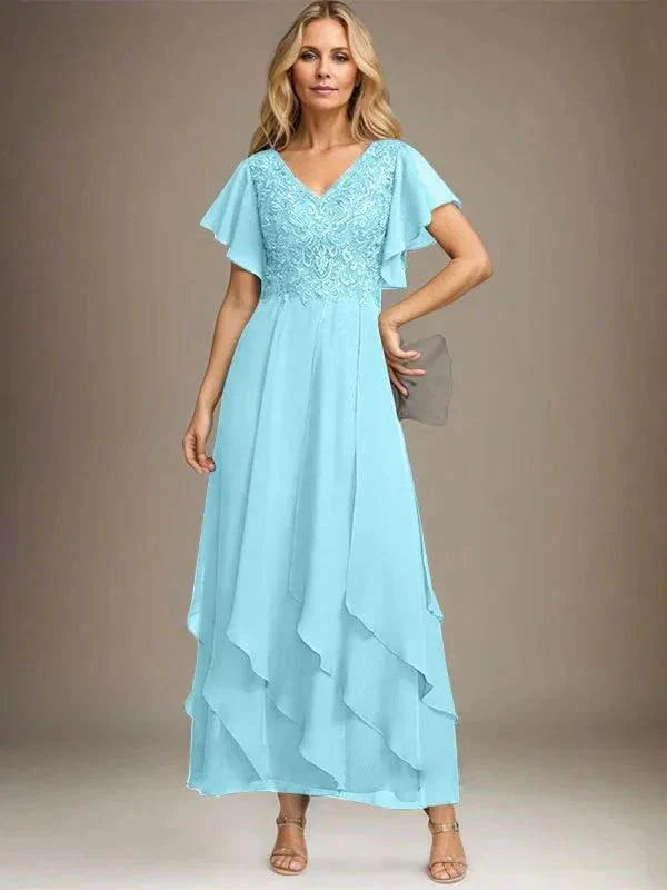 A-line V-Neck Ankle-Length Lace Chiffon Mother of the Bride Dress With Cascading Ruffles - Image 68