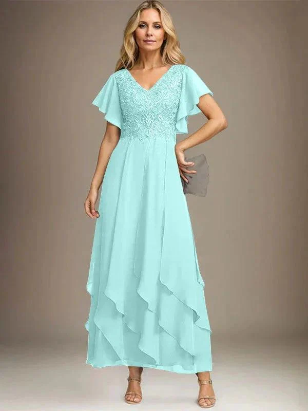 A-line V-Neck Ankle-Length Lace Chiffon Mother of the Bride Dress With Cascading Ruffles - Image 69