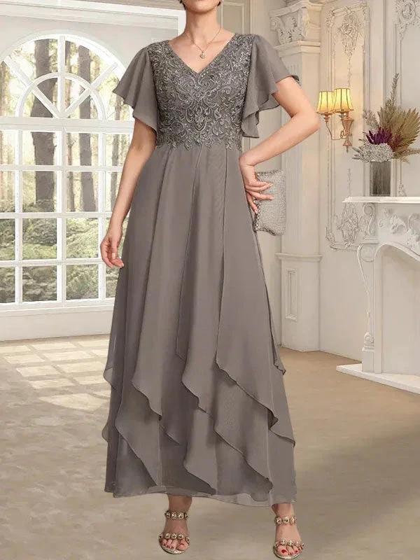 A-line V-Neck Ankle-Length Lace Chiffon Mother of the Bride Dress With Cascading Ruffles - Image 7
