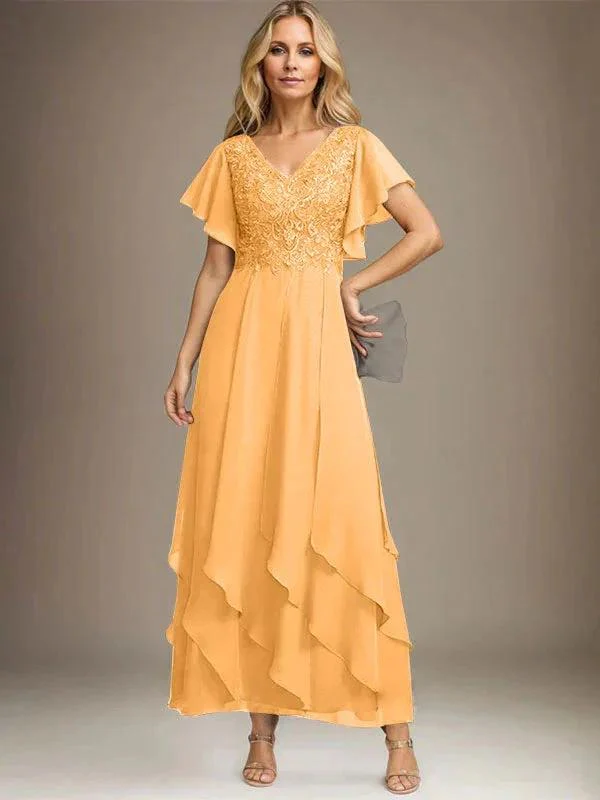 A-line V-Neck Ankle-Length Lace Chiffon Mother of the Bride Dress With Cascading Ruffles - Image 70