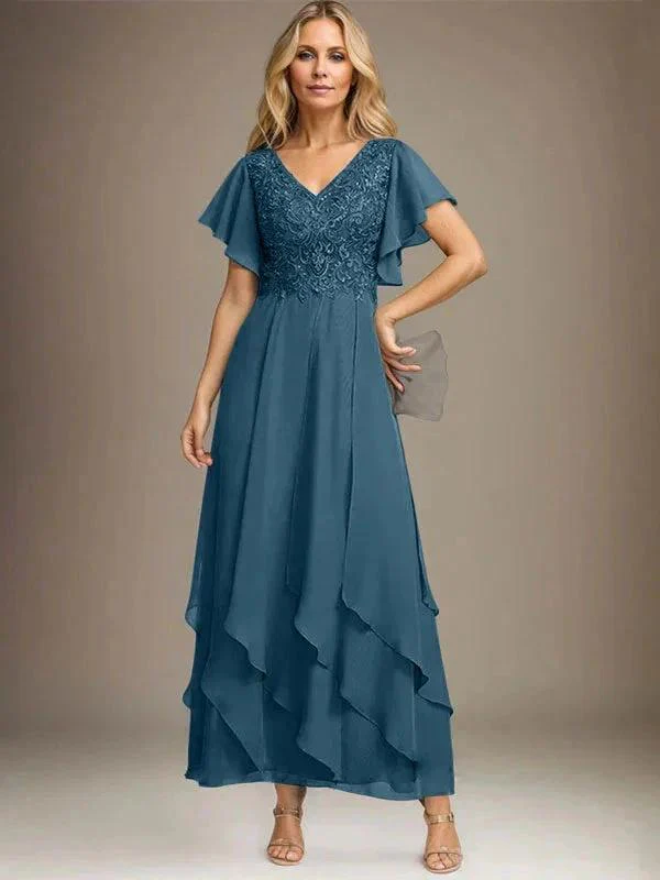 A-line V-Neck Ankle-Length Lace Chiffon Mother of the Bride Dress With Cascading Ruffles - Image 71