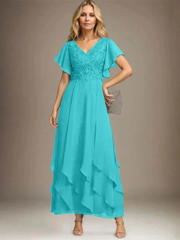 A-line V-Neck Ankle-Length Lace Chiffon Mother of the Bride Dress With Cascading Ruffles - Image 72