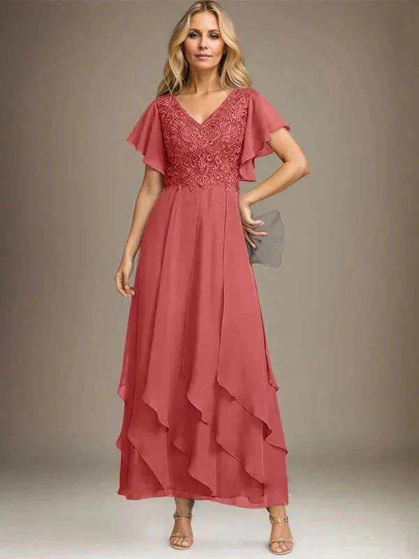 A-line V-Neck Ankle-Length Lace Chiffon Mother of the Bride Dress With Cascading Ruffles - Image 73