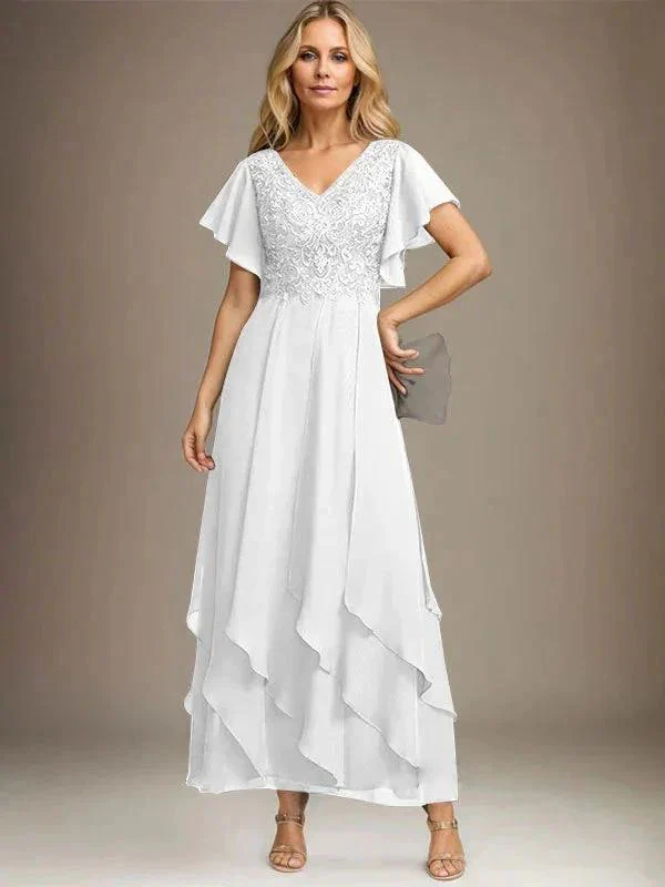 A-line V-Neck Ankle-Length Lace Chiffon Mother of the Bride Dress With Cascading Ruffles - Image 75