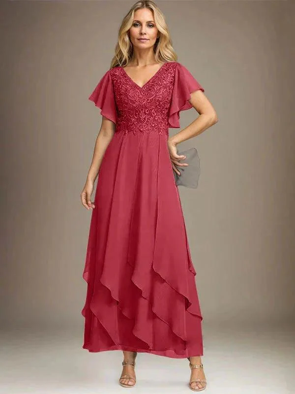 A-line V-Neck Ankle-Length Lace Chiffon Mother of the Bride Dress With Cascading Ruffles - Image 76