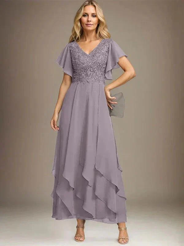 A-line V-Neck Ankle-Length Lace Chiffon Mother of the Bride Dress With Cascading Ruffles - Image 77