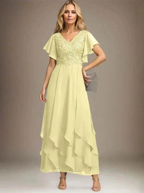 A-line V-Neck Ankle-Length Lace Chiffon Mother of the Bride Dress With Cascading Ruffles - Image 78