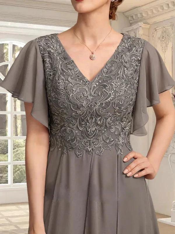 A-line V-Neck Ankle-Length Lace Chiffon Mother of the Bride Dress With Cascading Ruffles - Image 8