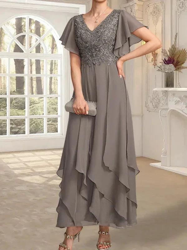 A-line V-Neck Ankle-Length Lace Chiffon Mother of the Bride Dress With Cascading Ruffles - Image 9