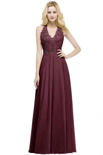 A-line V-neck Appliques Chiffon Evening Maxi Dresses Sleeveless Bridesmaid Dress - Image 10