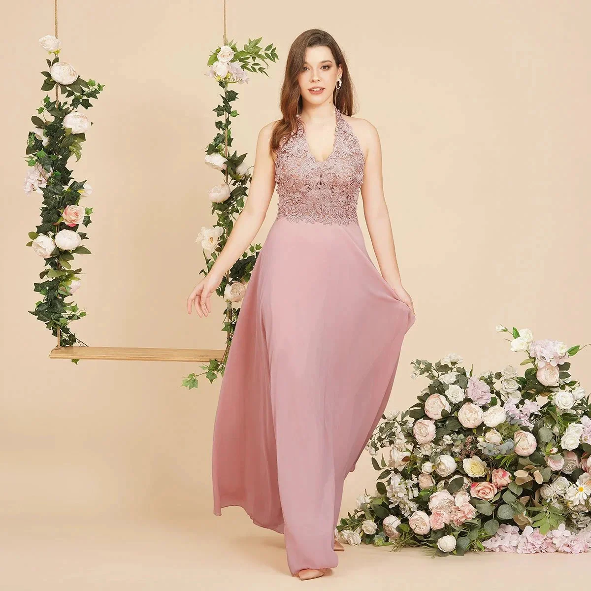 A-line V-neck Appliques Chiffon Evening Maxi Dresses Sleeveless Bridesmaid Dress - Image 4