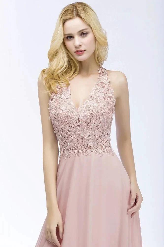 A-line V-neck Appliques Chiffon Evening Maxi Dresses Sleeveless Bridesmaid Dress - Image 5