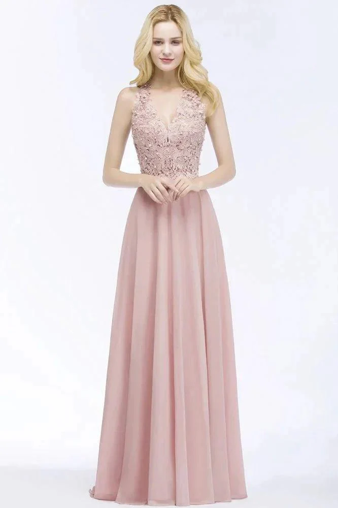 A-line V-neck Appliques Chiffon Evening Maxi Dresses Sleeveless Bridesmaid Dress - Image 7