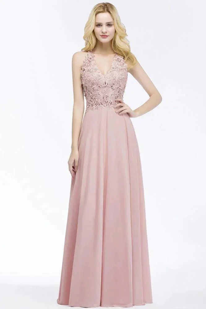 A-line V-neck Appliques Chiffon Evening Maxi Dresses Sleeveless Bridesmaid Dress - Image 8