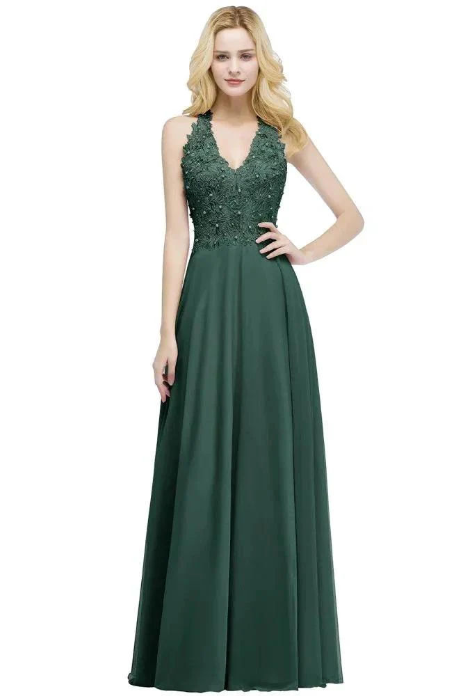A-line V-neck Appliques Chiffon Evening Maxi Dresses Sleeveless Bridesmaid Dress - Image 9