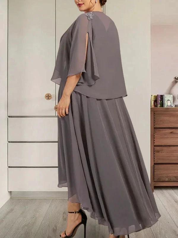 A-line V-Neck Asymmetrical Chiffon Mother of the Bride Dress With Beading Sequins - Image 10