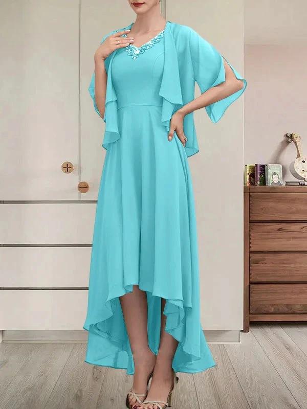 A-line V-Neck Asymmetrical Chiffon Mother of the Bride Dress With Beading Sequins - Image 12