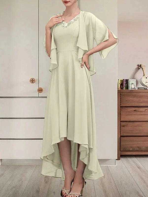 A-line V-Neck Asymmetrical Chiffon Mother of the Bride Dress With Beading Sequins - Image 13