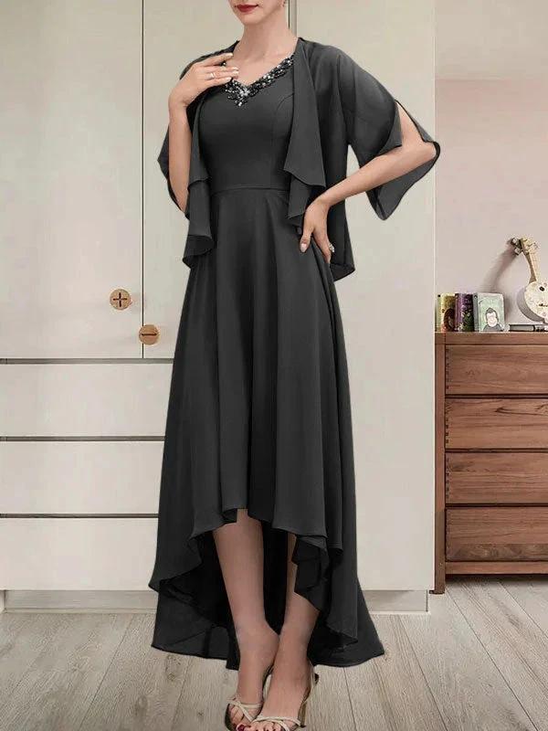 A-line V-Neck Asymmetrical Chiffon Mother of the Bride Dress With Beading Sequins - Image 14