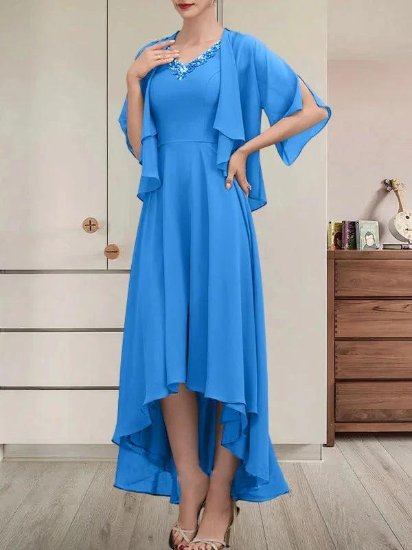 A-line V-Neck Asymmetrical Chiffon Mother of the Bride Dress With Beading Sequins - Image 15
