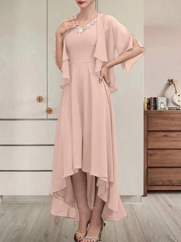 A-line V-Neck Asymmetrical Chiffon Mother of the Bride Dress With Beading Sequins - Image 16