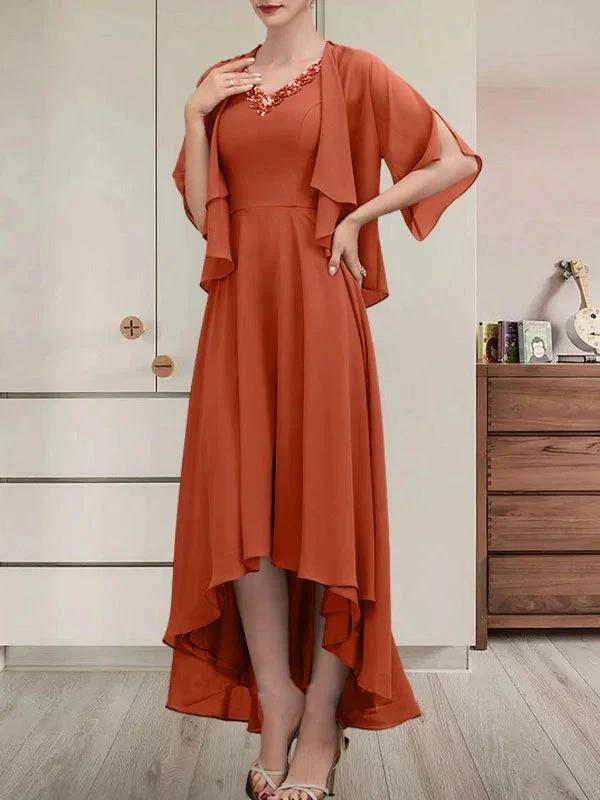 A-line V-Neck Asymmetrical Chiffon Mother of the Bride Dress With Beading Sequins - Image 17
