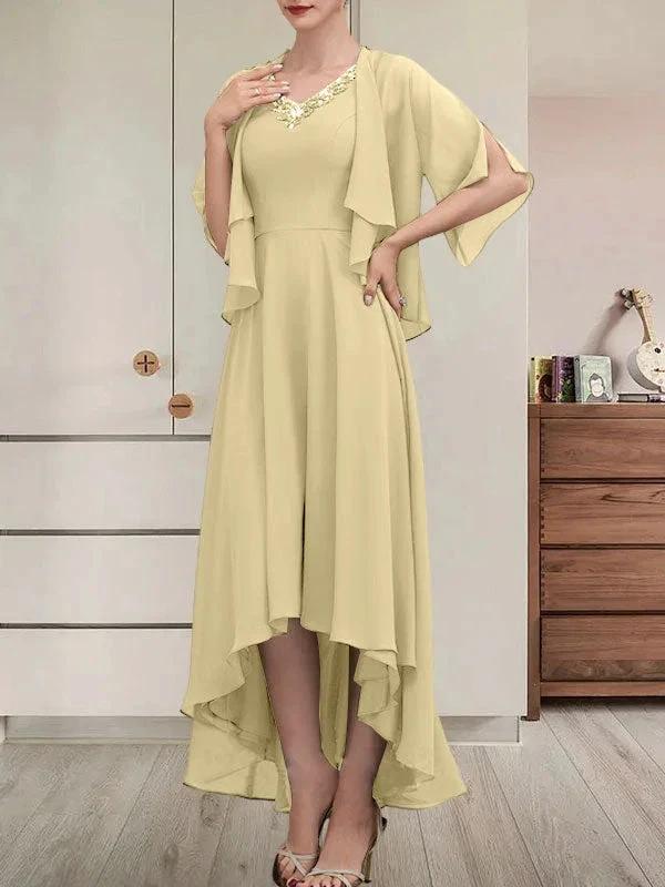 A-line V-Neck Asymmetrical Chiffon Mother of the Bride Dress With Beading Sequins - Image 18