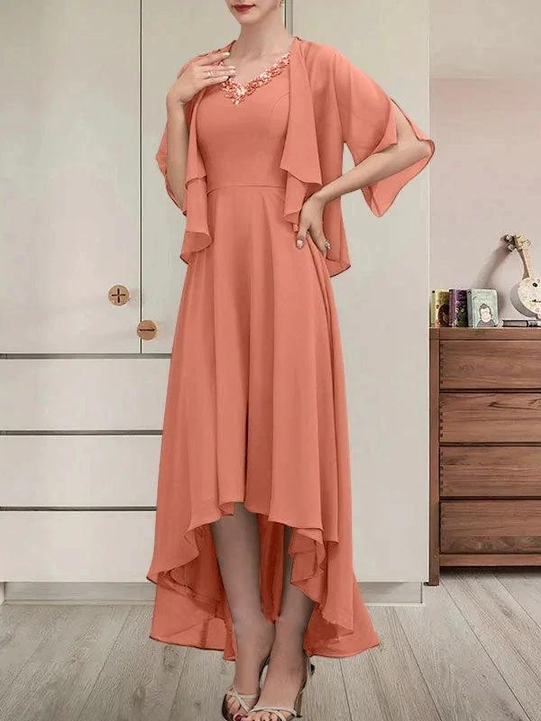 A-line V-Neck Asymmetrical Chiffon Mother of the Bride Dress With Beading Sequins - Image 19