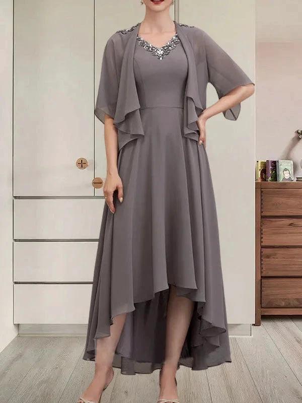 A-line V-Neck Asymmetrical Chiffon Mother of the Bride Dress With Beading Sequins - Image 2