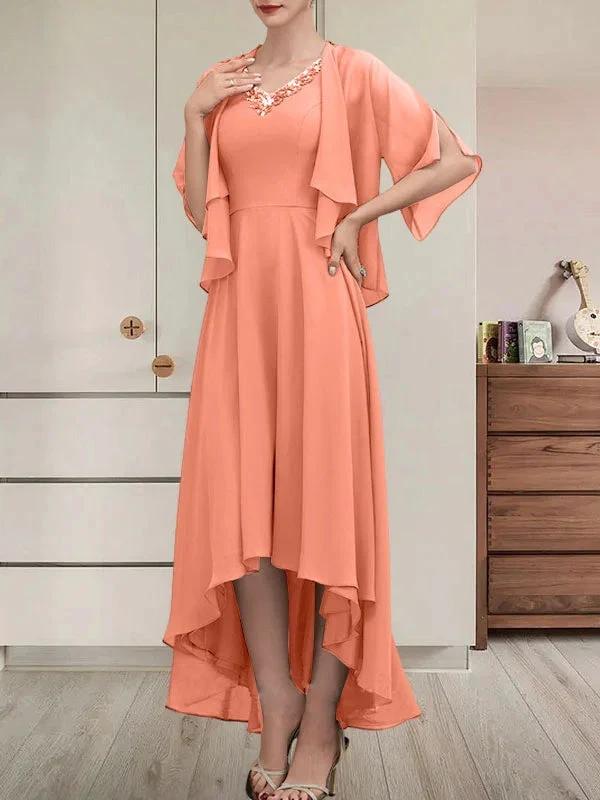 A-line V-Neck Asymmetrical Chiffon Mother of the Bride Dress With Beading Sequins - Image 20