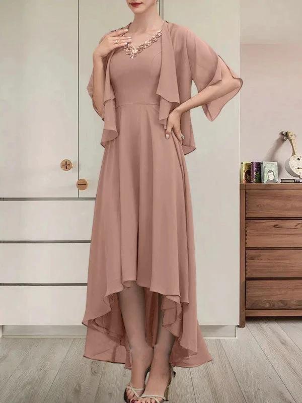 A-line V-Neck Asymmetrical Chiffon Mother of the Bride Dress With Beading Sequins - Image 21