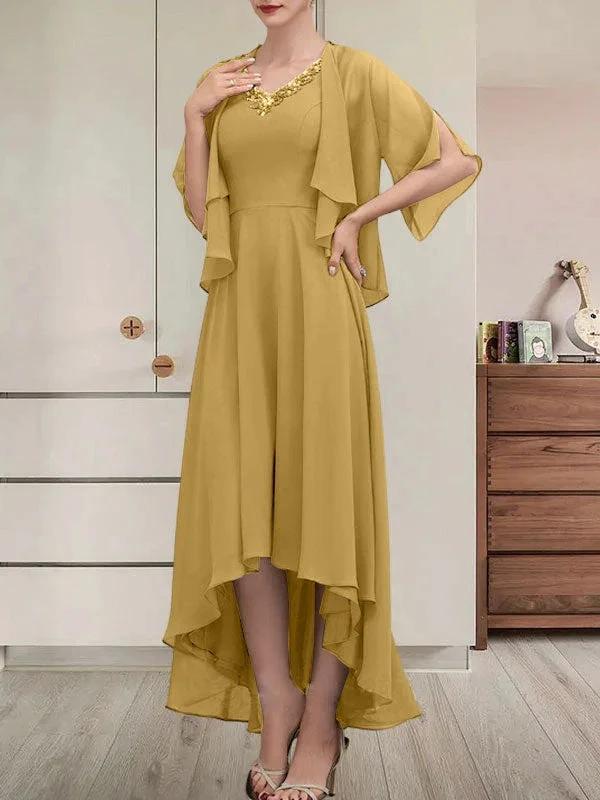 A-line V-Neck Asymmetrical Chiffon Mother of the Bride Dress With Beading Sequins - Image 23