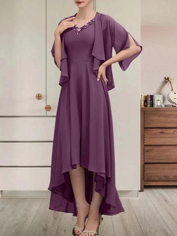 A-line V-Neck Asymmetrical Chiffon Mother of the Bride Dress With Beading Sequins - Image 24