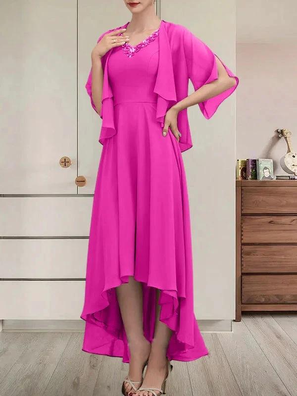 A-line V-Neck Asymmetrical Chiffon Mother of the Bride Dress With Beading Sequins - Image 25