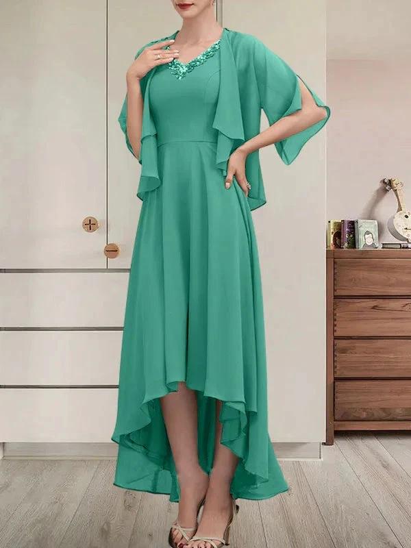 A-line V-Neck Asymmetrical Chiffon Mother of the Bride Dress With Beading Sequins - Image 26