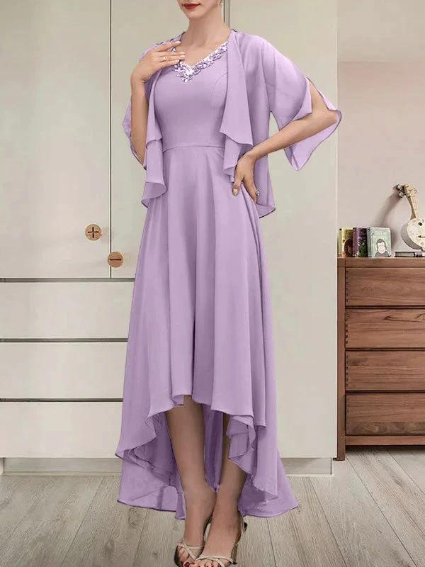 A-line V-Neck Asymmetrical Chiffon Mother of the Bride Dress With Beading Sequins - Image 27