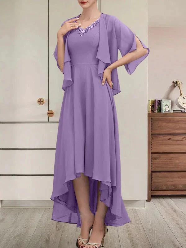 A-line V-Neck Asymmetrical Chiffon Mother of the Bride Dress With Beading Sequins - Image 28
