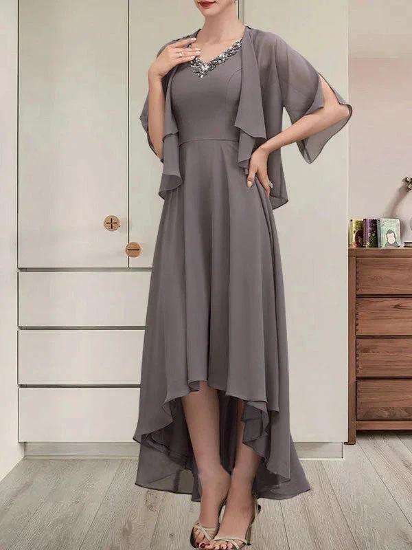 A-line V-Neck Asymmetrical Chiffon Mother of the Bride Dress With Beading Sequins - Image 3