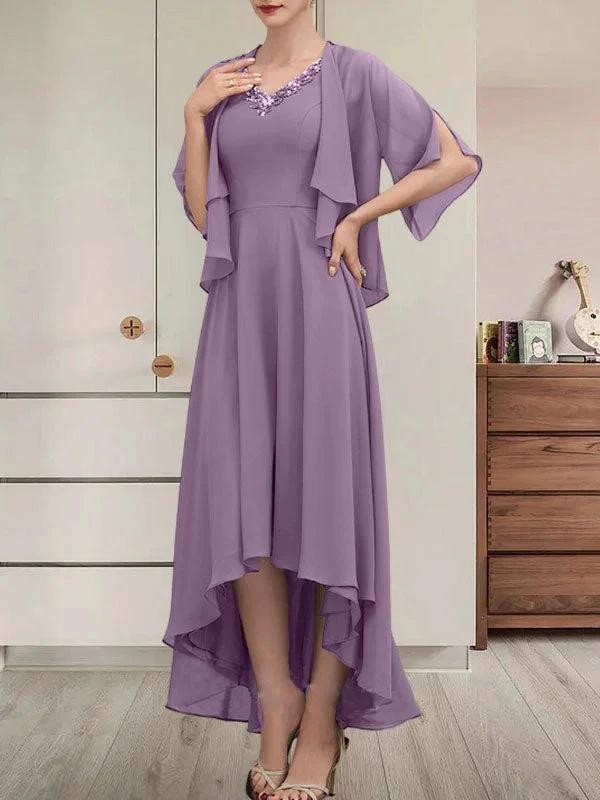 A-line V-Neck Asymmetrical Chiffon Mother of the Bride Dress With Beading Sequins - Image 30