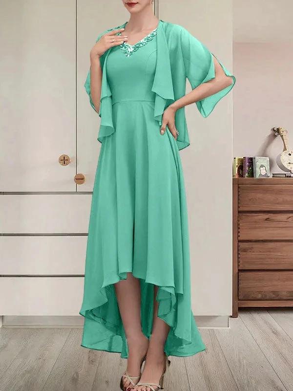 A-line V-Neck Asymmetrical Chiffon Mother of the Bride Dress With Beading Sequins - Image 31