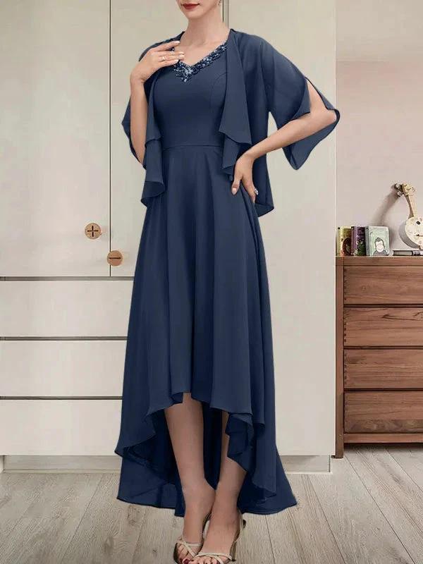 A-line V-Neck Asymmetrical Chiffon Mother of the Bride Dress With Beading Sequins - Image 32