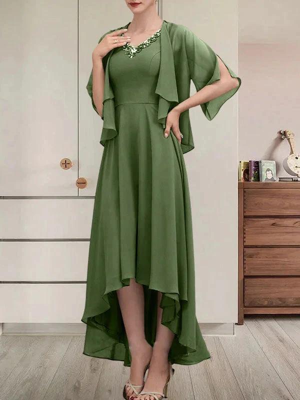 A-line V-Neck Asymmetrical Chiffon Mother of the Bride Dress With Beading Sequins - Image 33