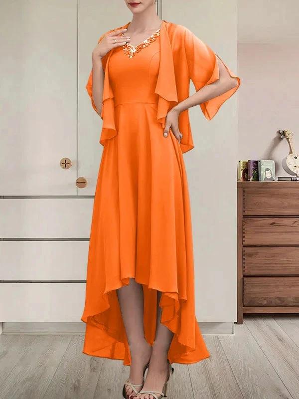 A-line V-Neck Asymmetrical Chiffon Mother of the Bride Dress With Beading Sequins - Image 34